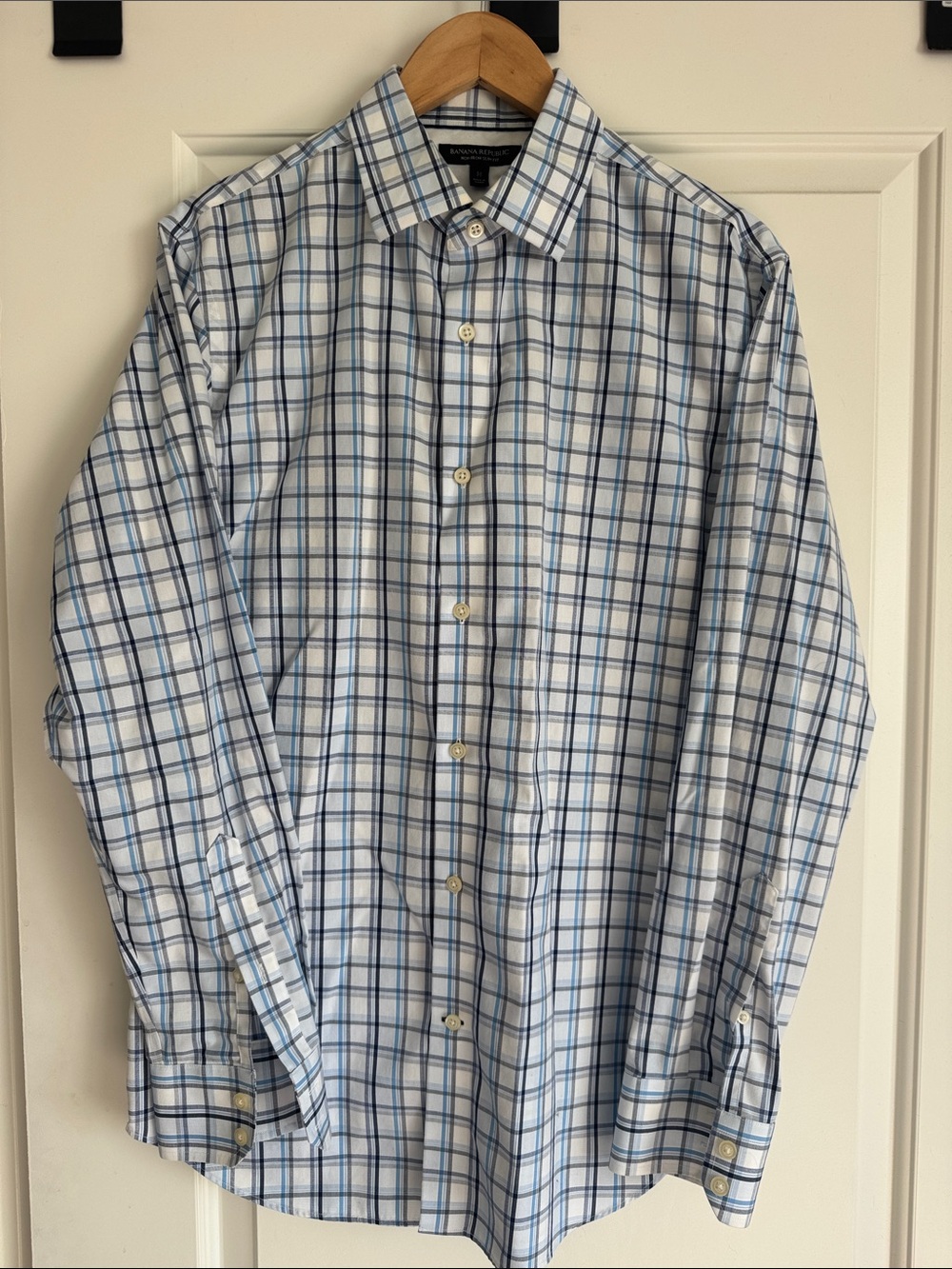 Banana Republic Men’s White and Blue Windowpane Dress Shirt